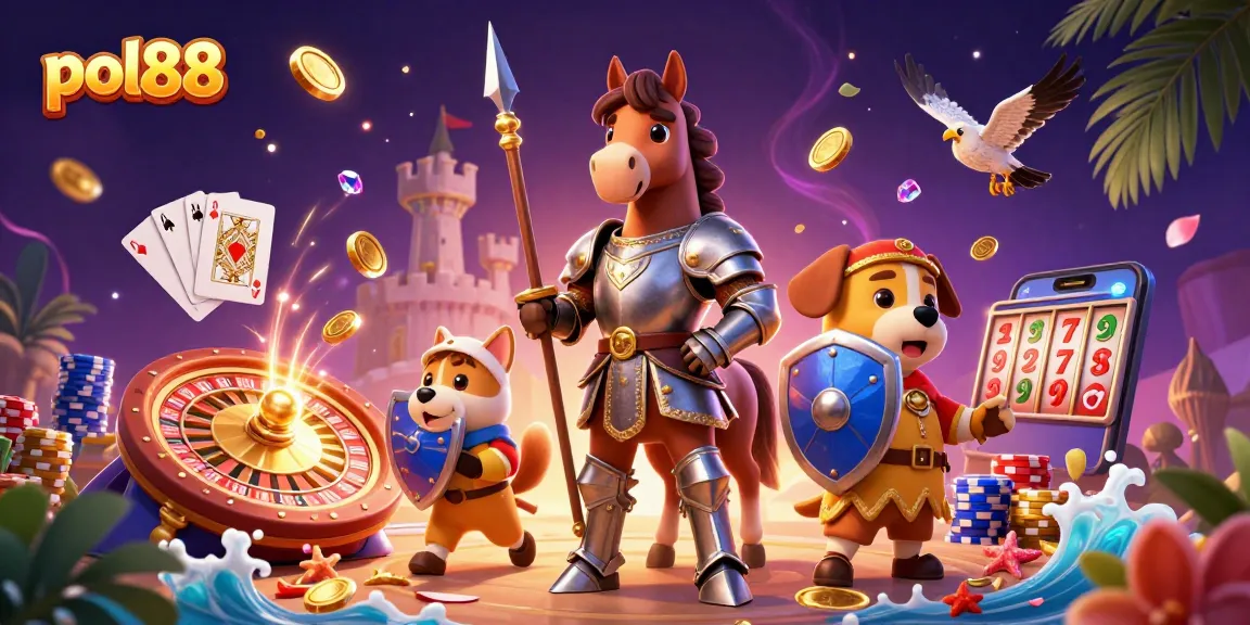 pol88 mempersembahkan ilustrasi kasino dengan karakter ksatria, anjing squire, dan elang.