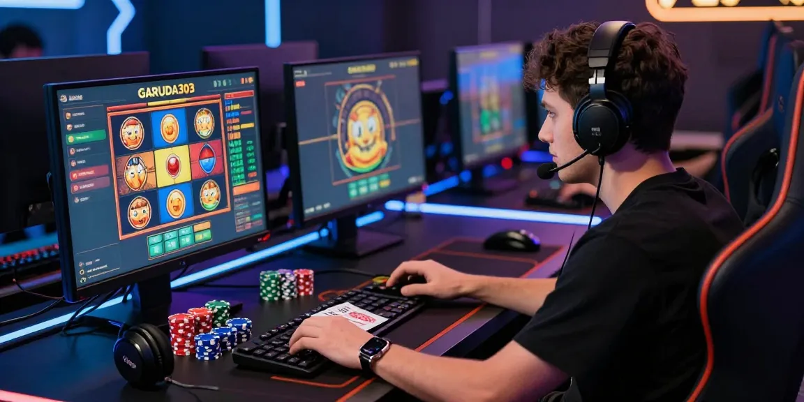 Engaging image of a player using GARUDA303 login at their gaming setup surrounded by gaming gear and vivid graphics.