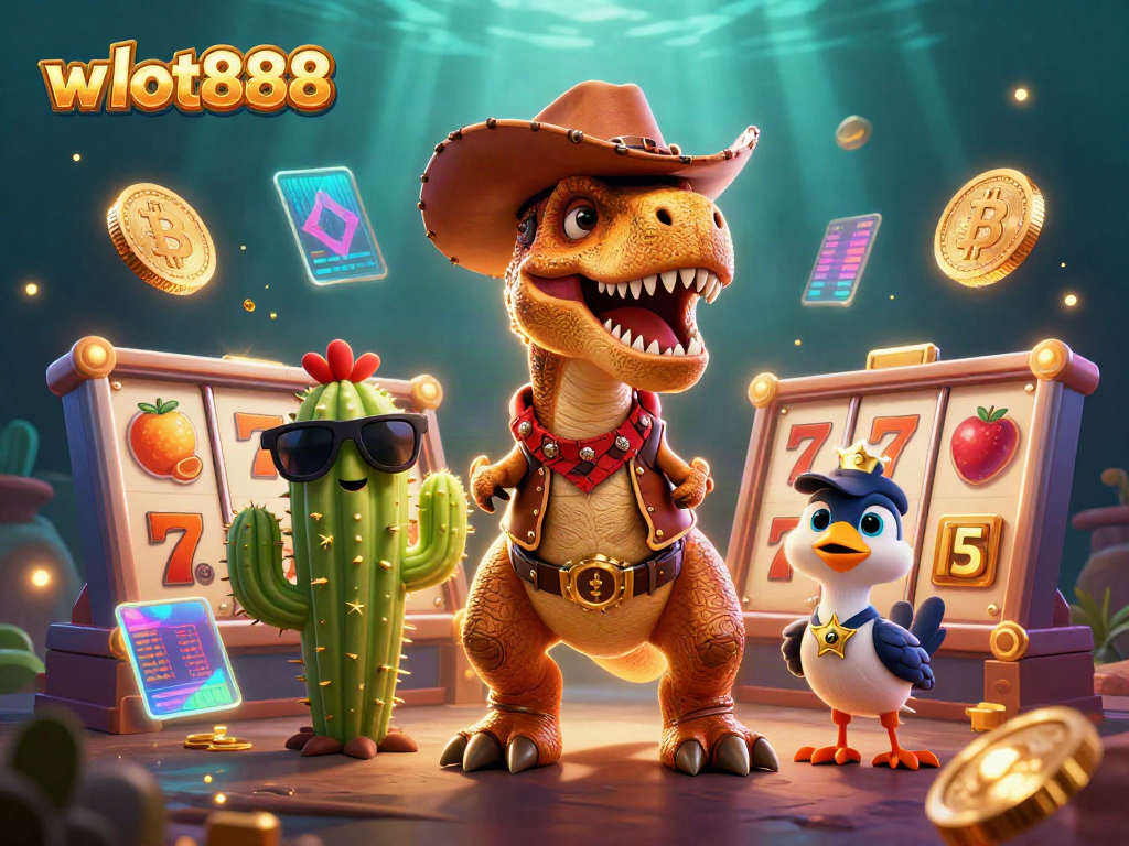 Menangkan jackpot di wslot888 dengan dinosaur koboi dan simbol buah slot.