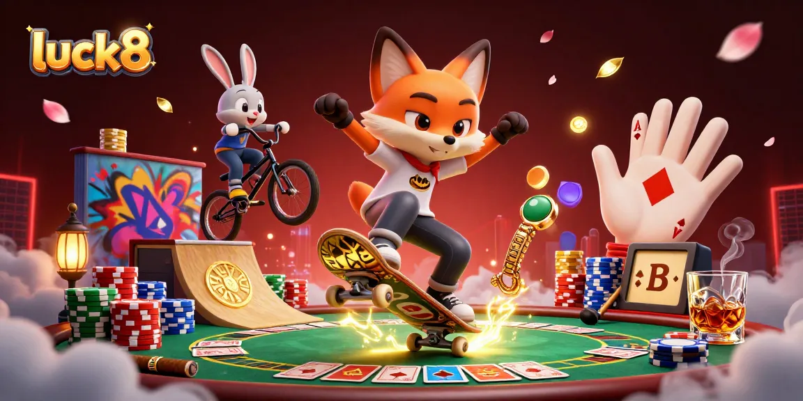 Skateboarder fox performs tricks above golden poker chips in a lively casino scene with luck8 branding.