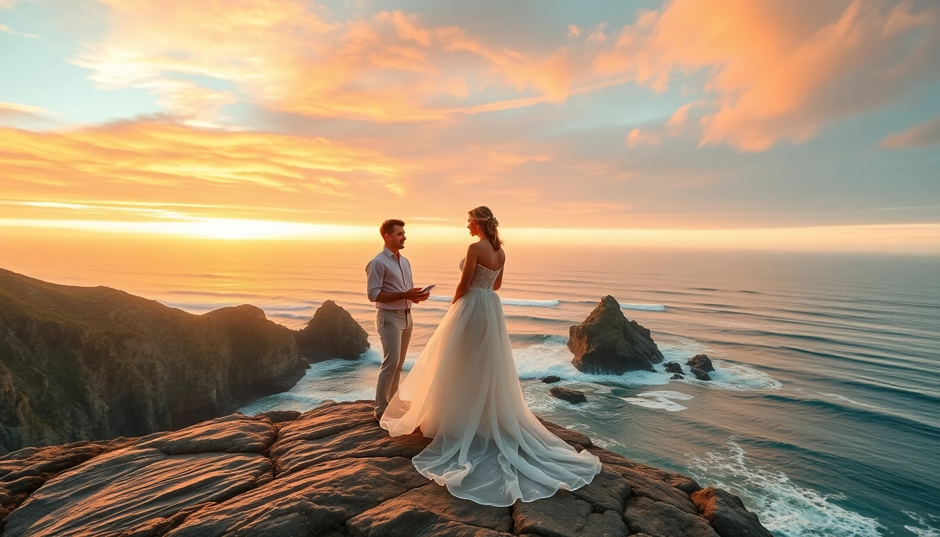Big Sur wedding photography capturing a couple during sunset vows on a cliff.