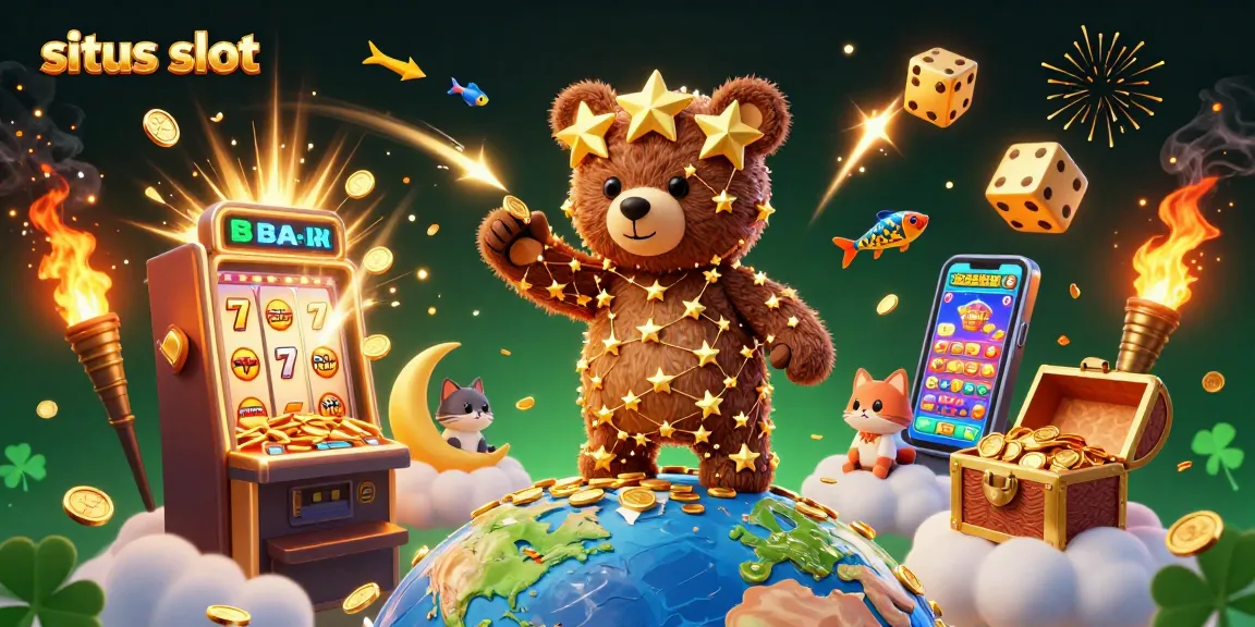 Scoop coins on situs slot with a golden bear under a jackpot explosion in a colorful 3D casino scene.