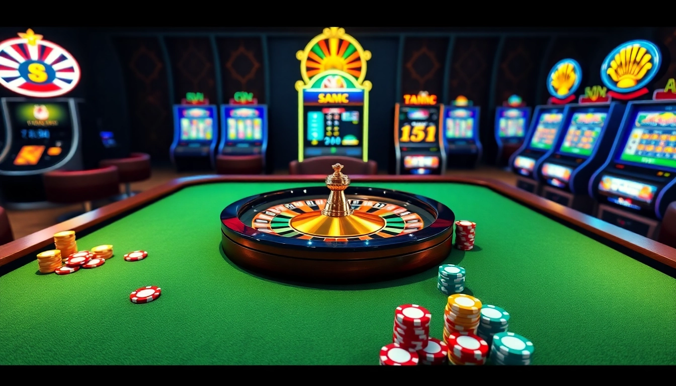 Scène de casino virtuel passionnante mettant en vedette le poker, la roulette et les machines à sous pour casino en ligne 2026.