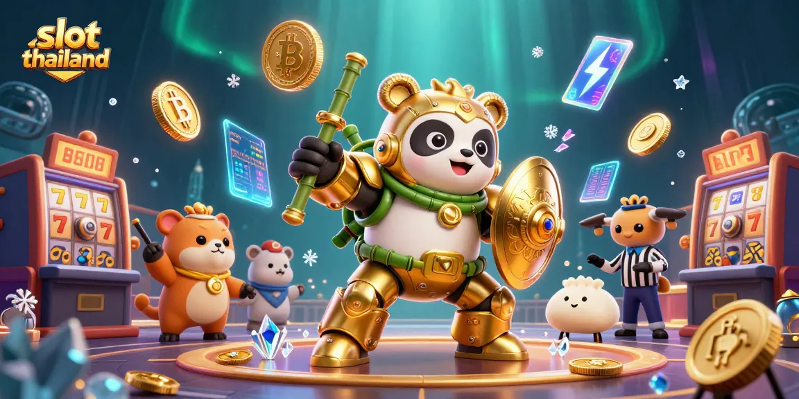 Spin the slot thailand reels with a vibrant 3D panda pilot amidst crypto elements.