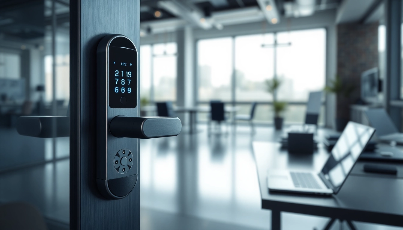 Locksta digital security lock displayed on a sleek office desk with modern design.