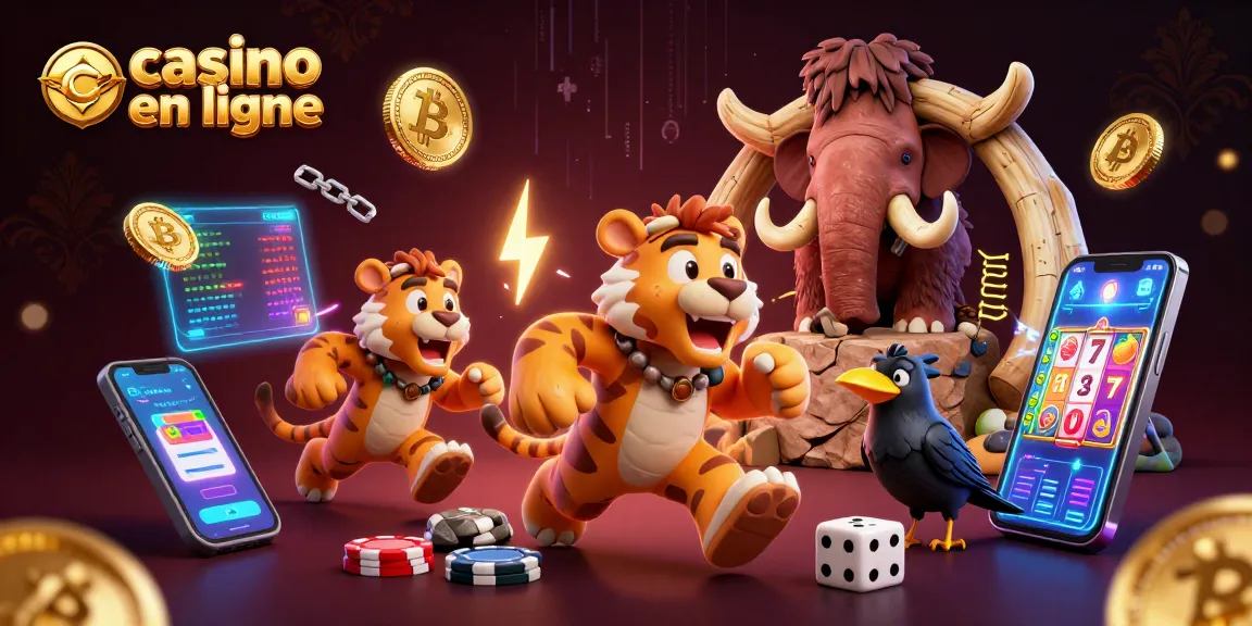 Casino en ligne : Une scène dynamique de jeu avec des personnages préhistoriques et des éléments de crypto-monnaies.