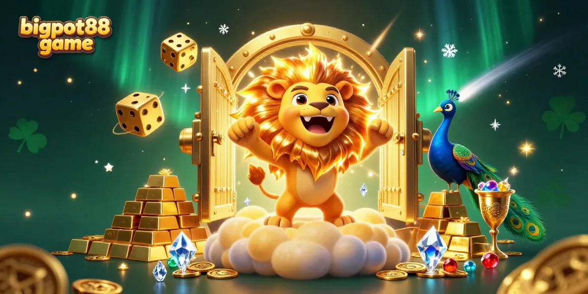 Engage with the bigpot88 game amidst a vibrant 3D casino scene with golden treasures and animated characters.