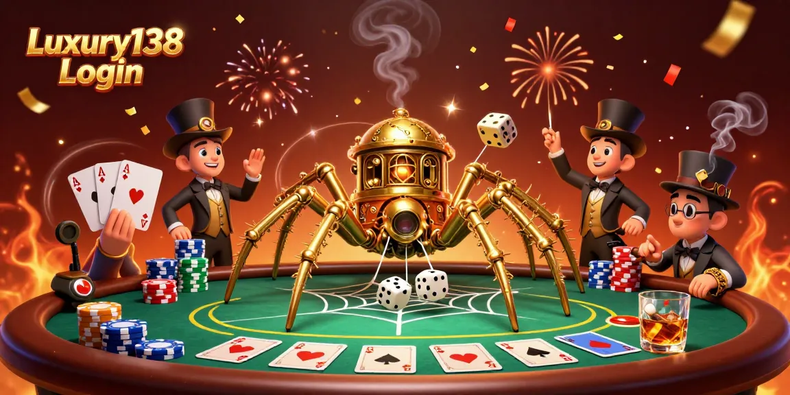 Engage with the Luxury138 Login experience, featuring a steampunk spider and poker details.