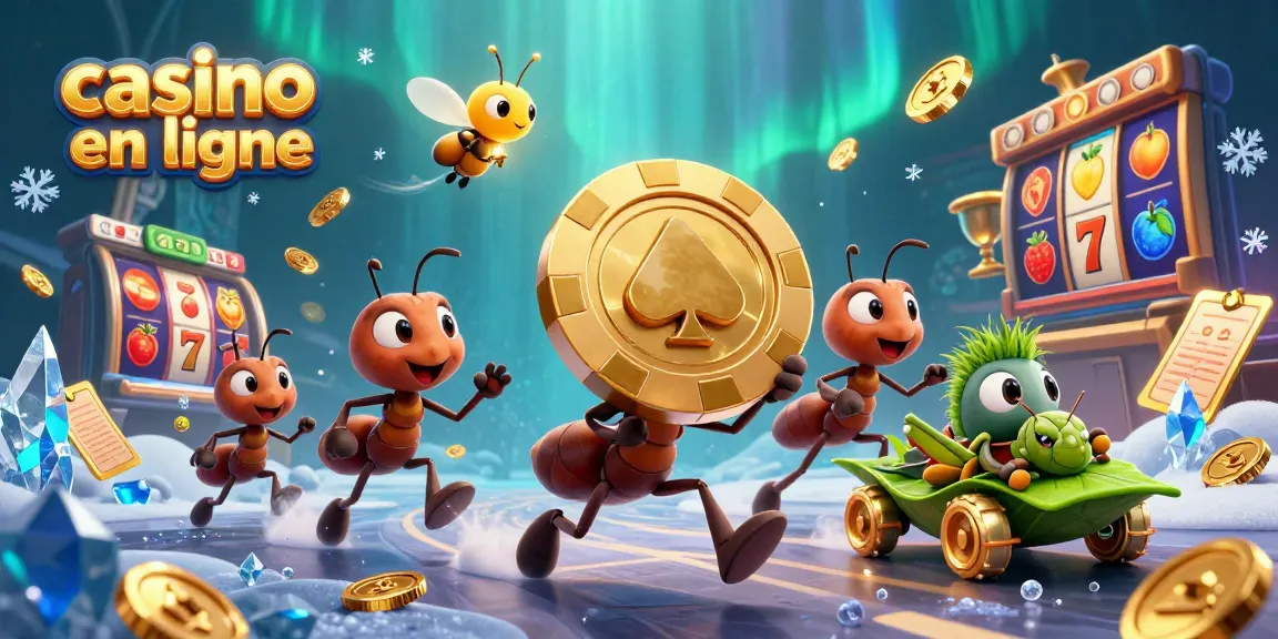 Les fourmis pillent des jetons d'or dans un tunnel, promouvant le casino en ligne.