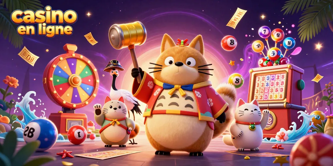 Jouez dans un casino en ligne coloré avec des personnages festifs et des ballons de loterie animés.
