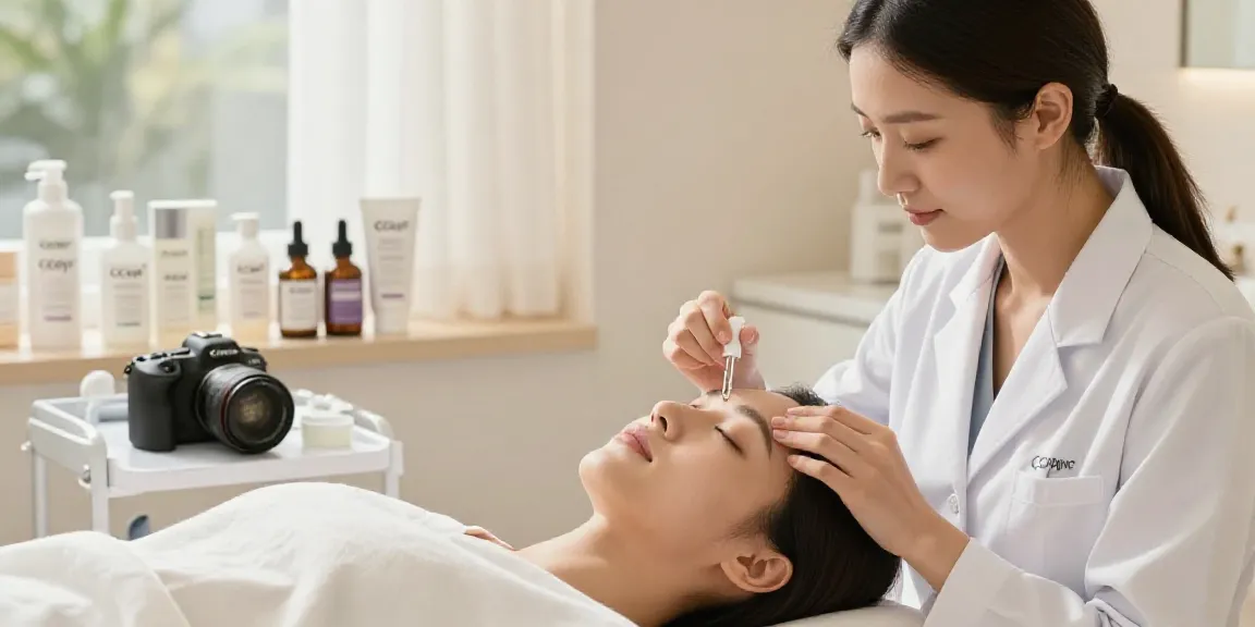 CCeye® treatment scene showing effective ways to Augenringe wegbekommen with a relaxed client and professional applicating skincare.