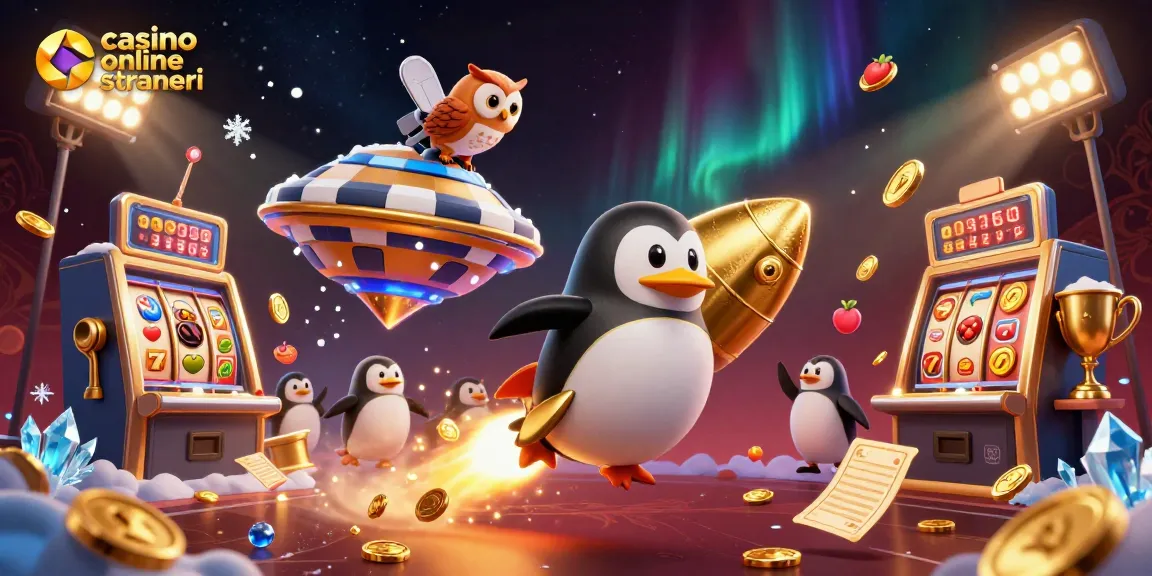 Scopri l'emozione dei casinò online stranieri con un pinguino dorato spaziale e simboli di slot in movimento.