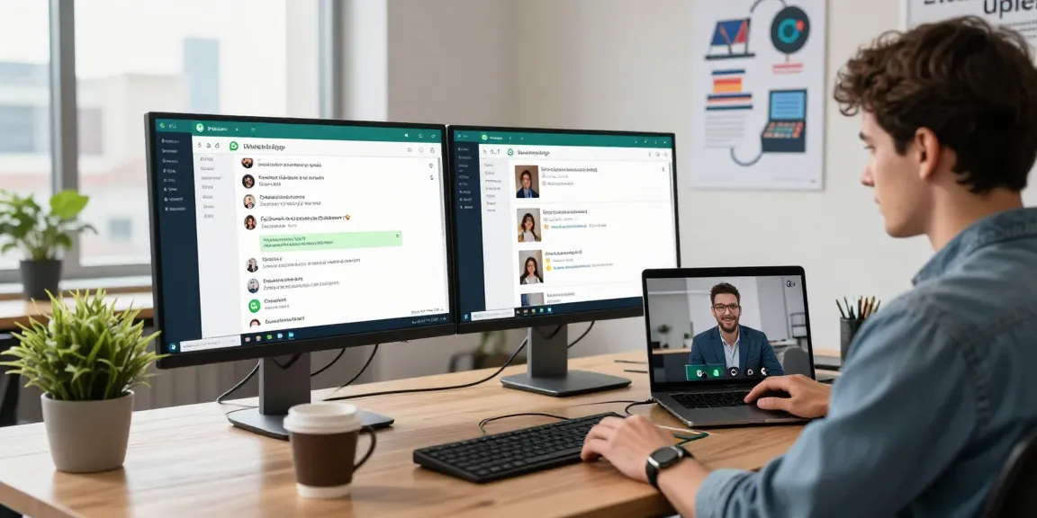 WhatsApp電腦版 in a modern workspace showcasing a professional using a desktop for seamless communication.