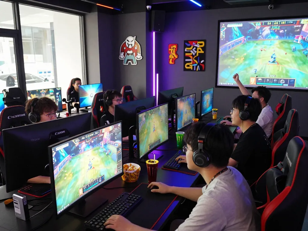 Bắn cá hubet88 action at an immersive esports gaming lounge with vibrant players.