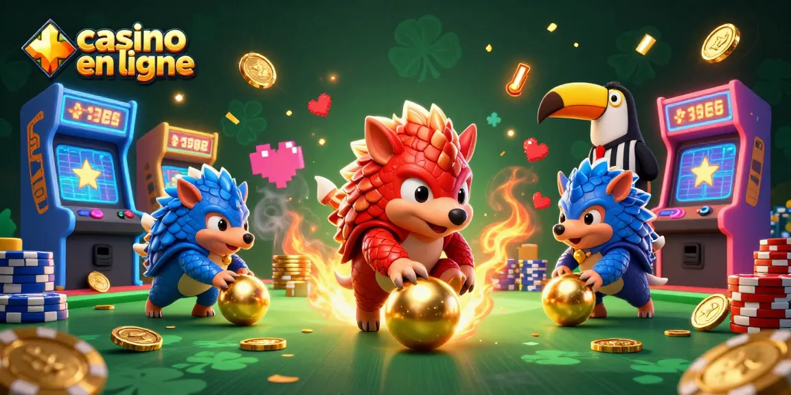 Les pangolins en armure rouge et bleue jouent au casino en ligne parmi des jetons de poker et des éléments de jeux lumineux.