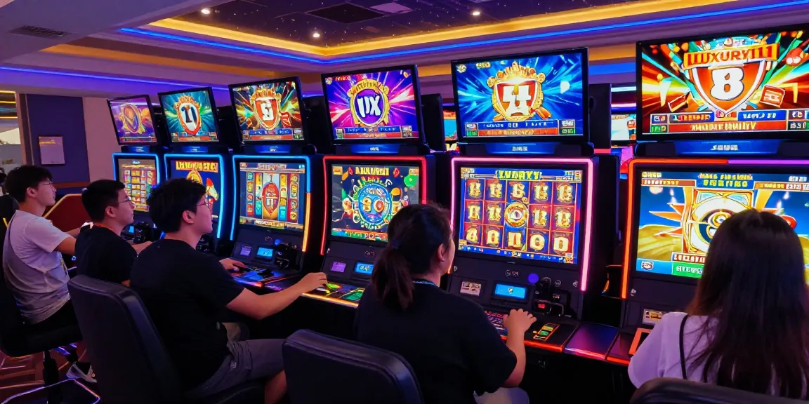 Pengalaman perjudian online yang seru dengan LUXURY111, pemain terlibat dalam permainan slot menarik dan suasana penuh warna.