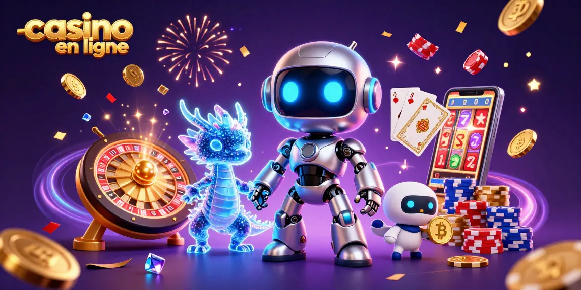 Illustration dynamique évoquant le casino en ligne avec un robot cyberpunk et des éléments de jeu animés, symboles de chance.