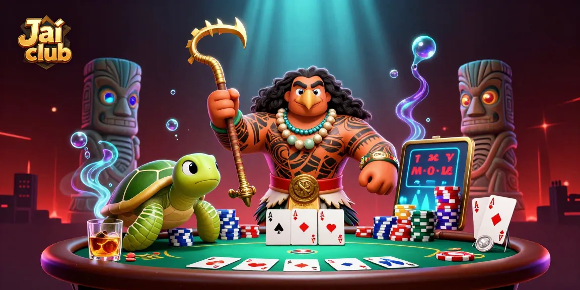 Jai club promotes exciting poker action with a demigod hawk, poker table, and vibrant casino elements.