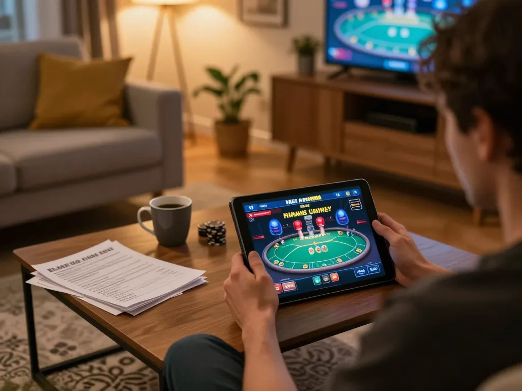 Engaging gaming scene showing a player using a tablet for casino non aams europei, surrounded by poker strategies and a cozy atmosphere.