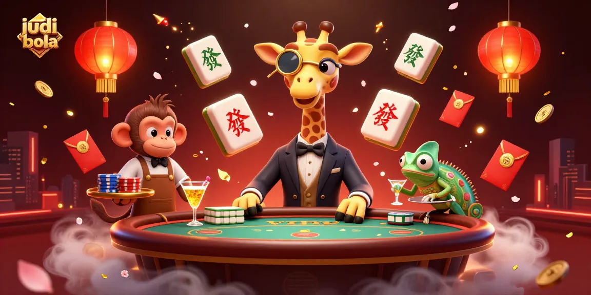 Engaging judi bola illustration showcasing a high-roller giraffe at a poker table surrounded by festive elements.
