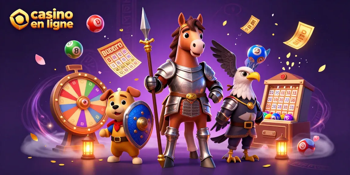 Illustration dynamique de personnages de casino en ligne avec un chevalier, un chiot et un faucon.