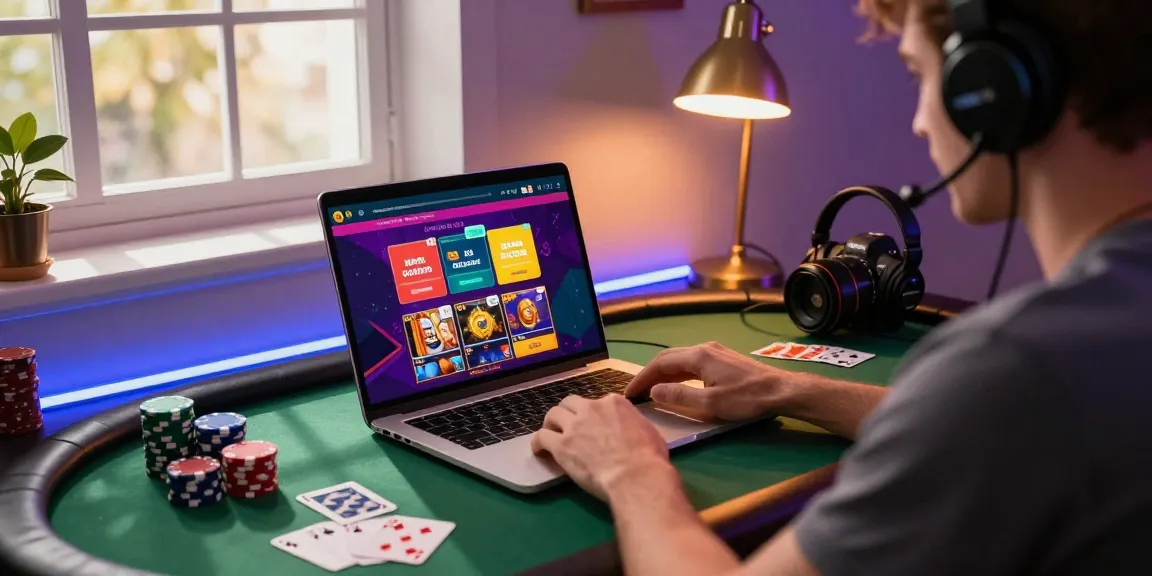 Engaging scene of a player enjoying credit card casinos at https://aisa.org.uk with a laptop, gaming gear, and vibrant atmosphere.