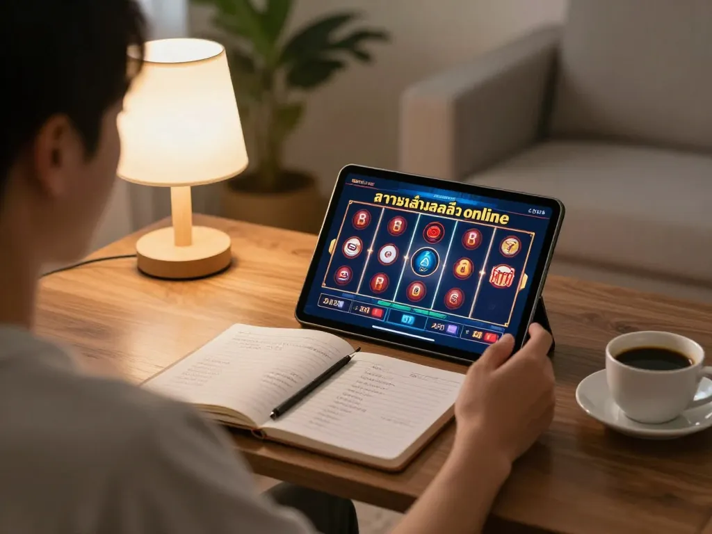 Engaging in ทดลองเล่นสล็อต with a tablet at home, displaying slot game action and strategy notes.