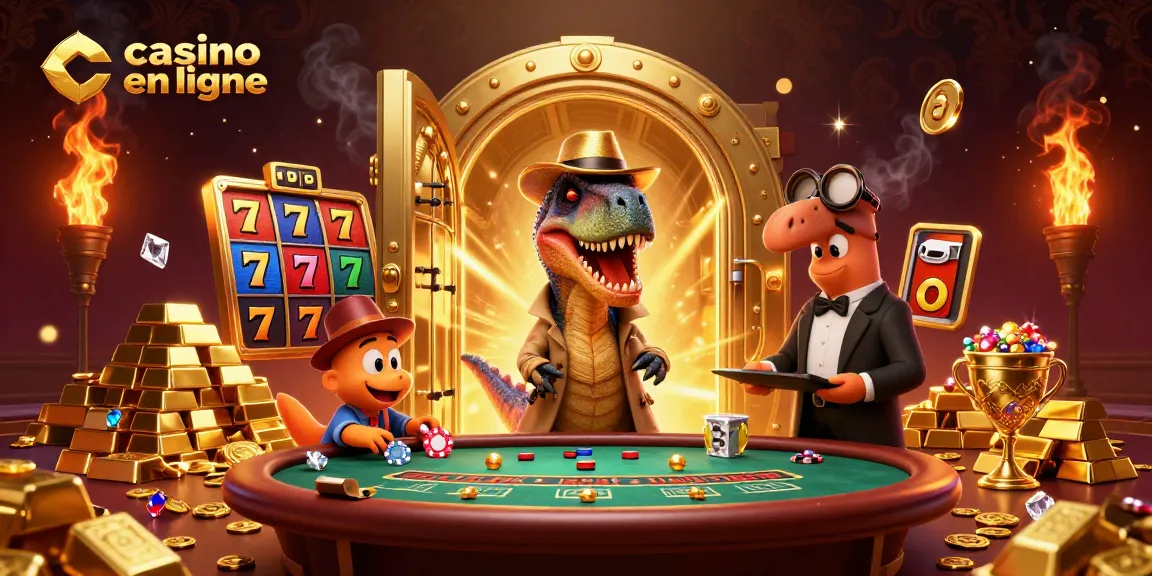 Casino en ligne : un vélociraptor subtil au blackjack, avec une ambiance dorée dynamique.