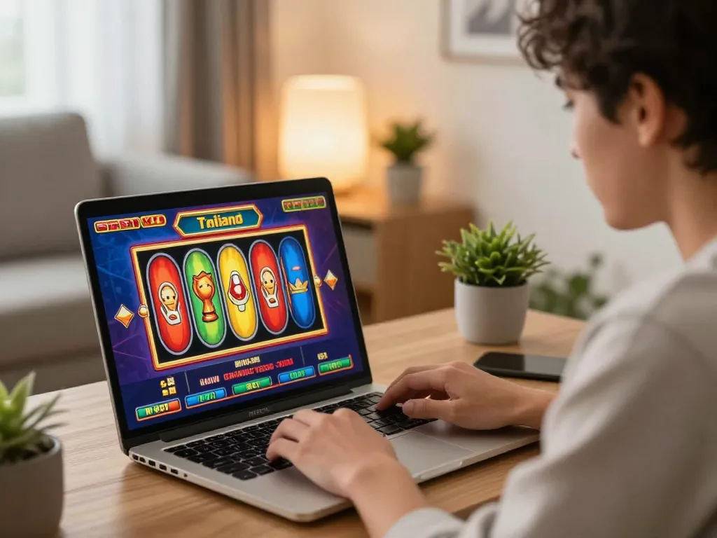 Player enjoying slot thailand online gaming on a laptop with colorful reels visible