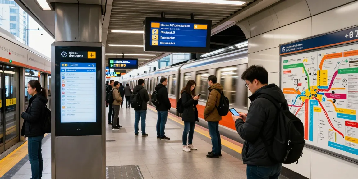 Live subway arrivals and line schedule displayed at urban station.