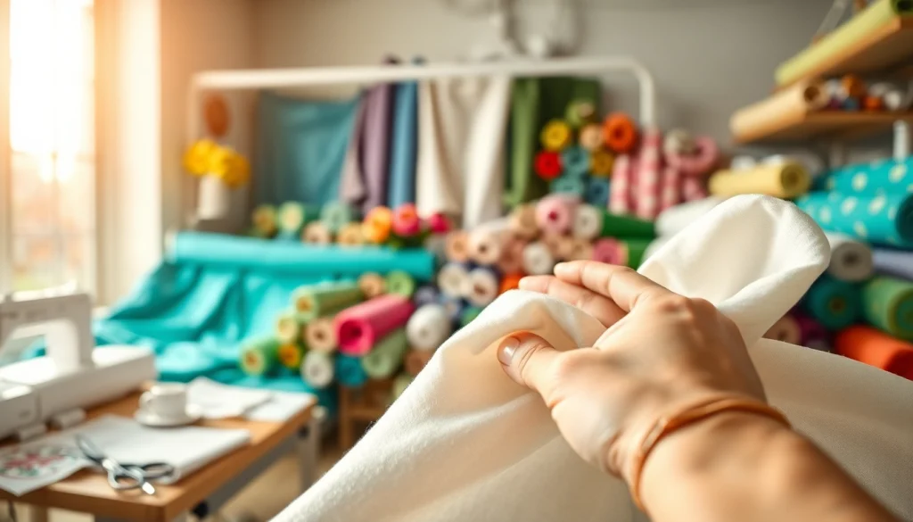 Katoen stof in een creatieve werkruimte met heldere kleuren en textuurdetails.