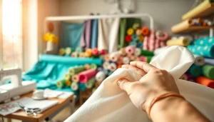 Katoen stof in een creatieve werkruimte met heldere kleuren en textuurdetails.