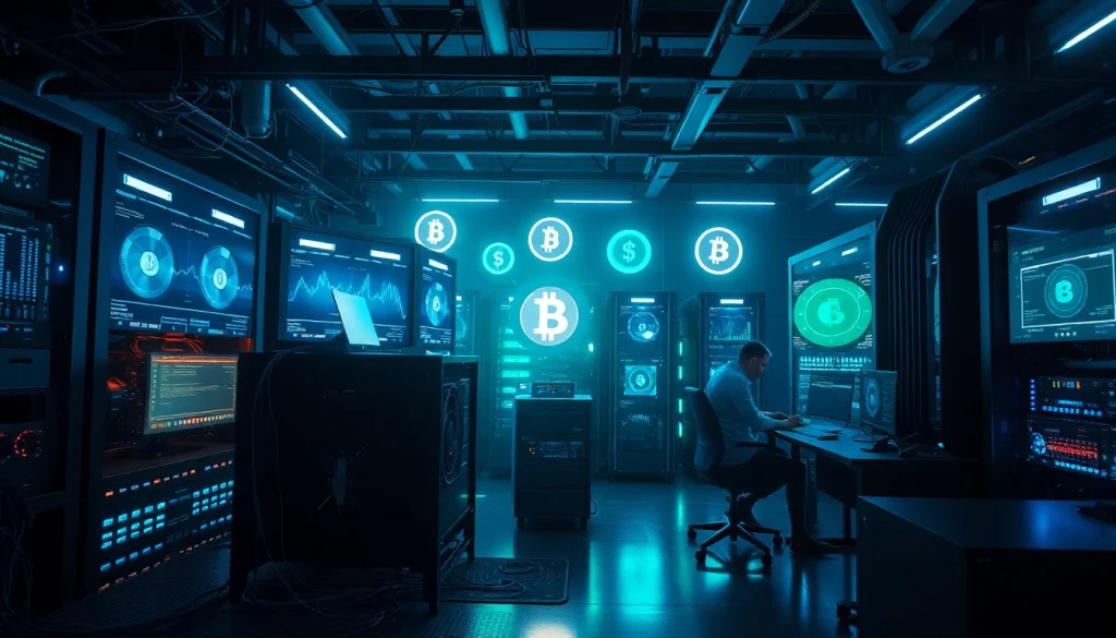 Modern cryptocurrency mining operation showcasing the best crypto mining site setup with high-tech rigs.