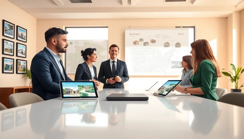 Engaged real estate agent presenting property options to clients in a bright office.