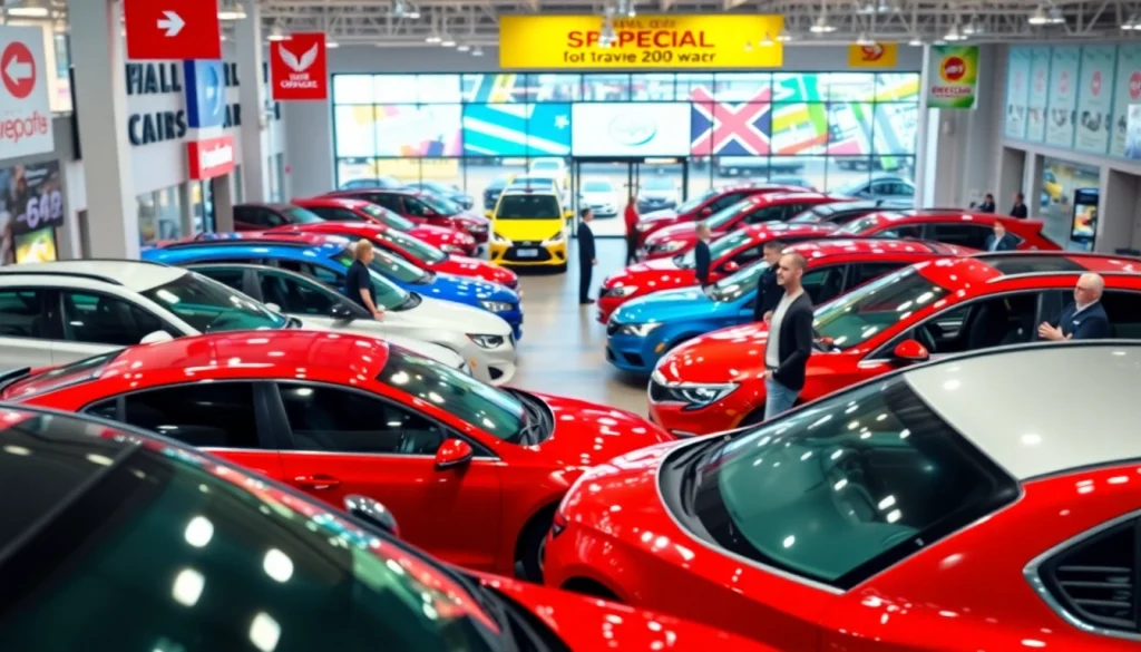Buy a car showcased in a vibrant car showroom with happy customers and sales associates.