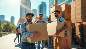 Engaging image of professionals handling boxes during Toronto moving services in an urban setting.