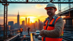 New York City General Contractor overseeing a bustling construction site in NYC at sunset.