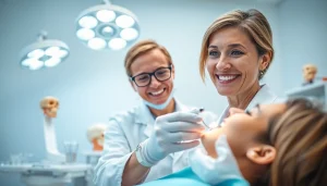Dentist examining a patient in a modern clinic, highlighting care and professionalism.