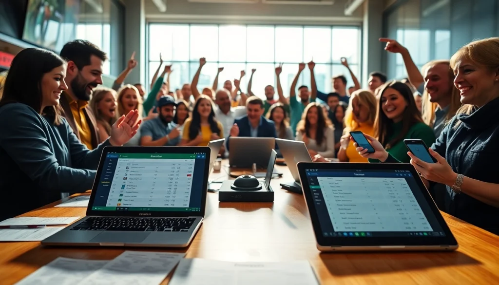 View of sportsbooks in British Columbia featuring locals engaged in sports betting activities and cheering in excitement.