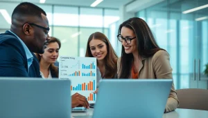 Analyze competitor pricing data with professionals in a modern office setting.