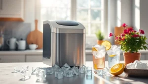 Enhance your refreshment experience with a stylish ice maker in a sunny kitchen.