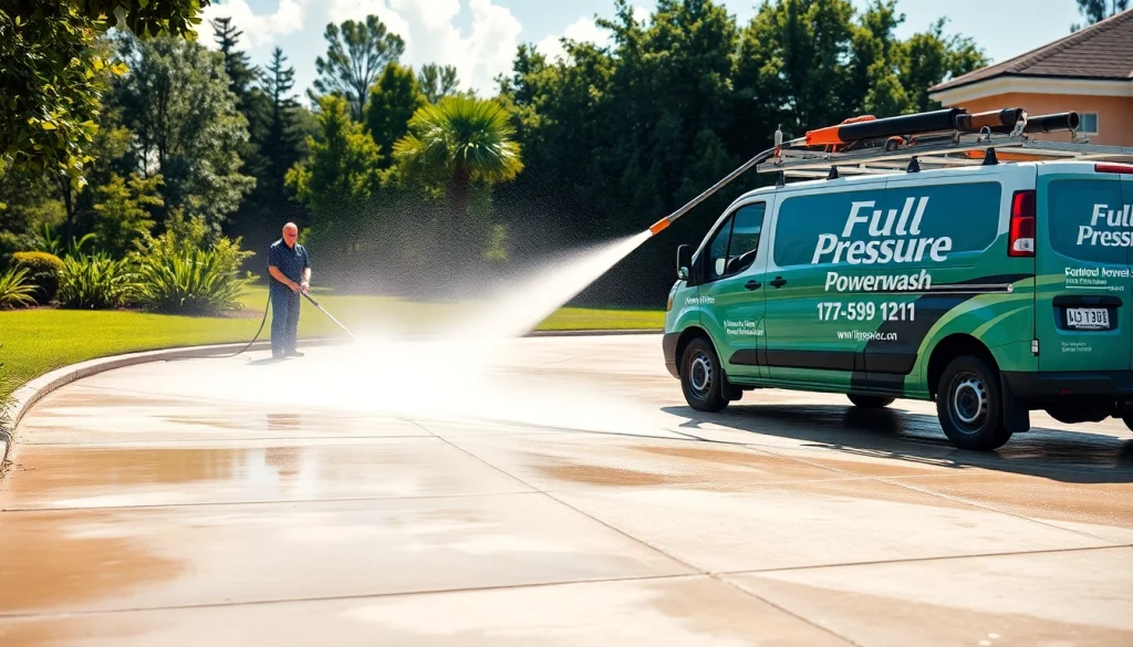 Concrete cleaning in progress, showcasing pressure washing effectiveness on a driveway.