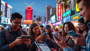 Engaging bettors using sportsbooks in California amidst a vibrant urban nightlife scene.