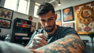 Experience artistry at entrelagostattooartgallery.com, featuring tattoo artist passionately at work.