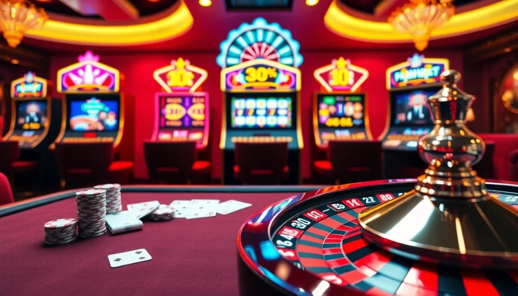 Immerse in a luxurious casino setting featuring the 'ink vao 12bet' link with vibrant slot machines, betting tables, and roulette wheels.