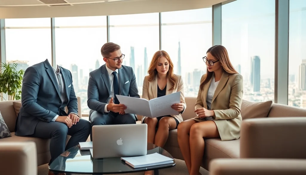 Business Consultants in Dubai collaborating in a modern office setting, promoting professional services.