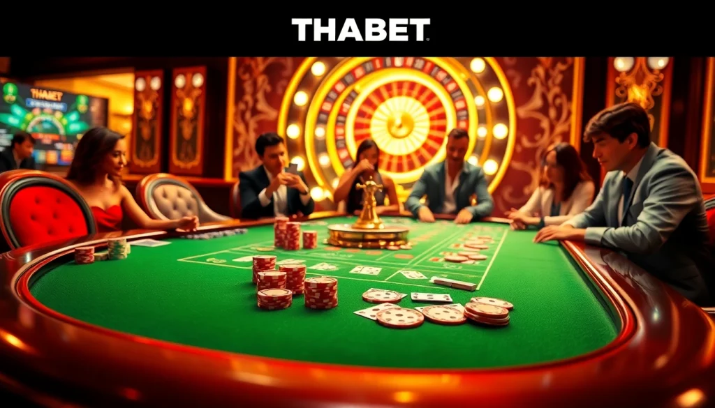 Players enjoying a thrilling game at the THABET casino, showcasing vibrant poker chips and a roulette wheel.