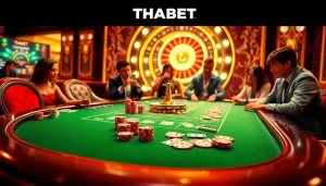 Players enjoying a thrilling game at the THABET casino, showcasing vibrant poker chips and a roulette wheel.