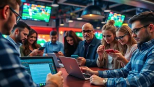 Engaging scene of sportsbooks in Canada with diverse individuals placing bets and enjoying sports.