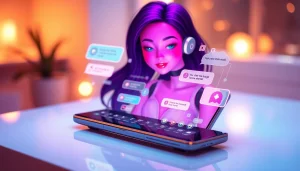 Engaging chat interface showcasing sex chat AI with a vibrant character and modern tech design.